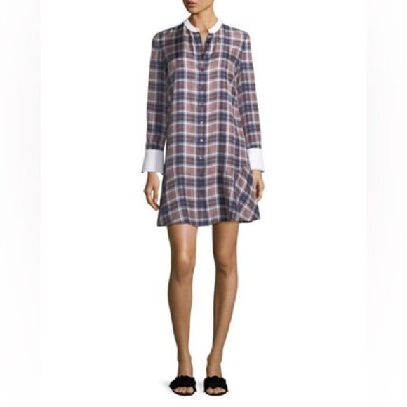 Tory Burch Cora Milano Tartan Silk Mini Brown Blue Shirt Dress Plaid Size 0 - Picture 7 of 15